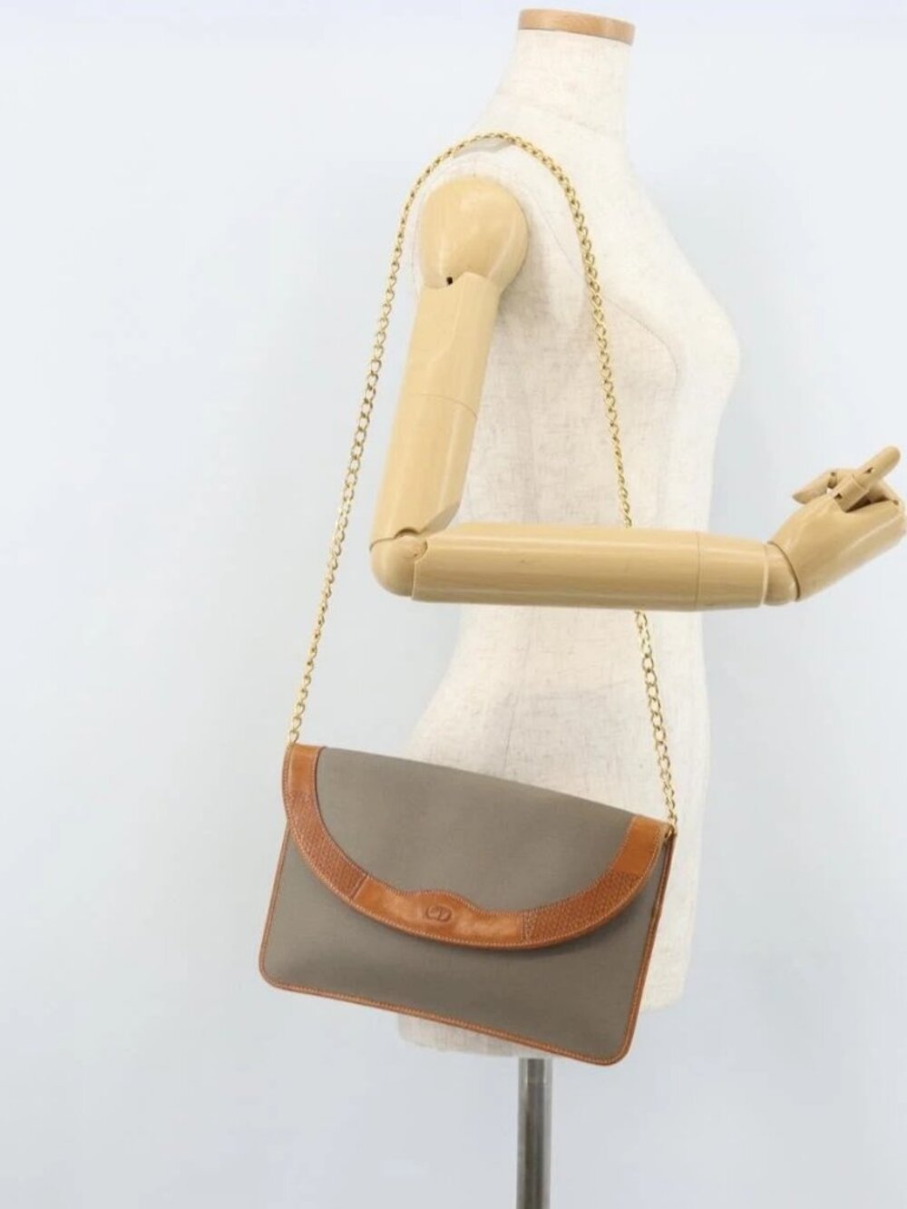 Christian Dior Chain Shoulder Bag Coated Canvas Gray Gold